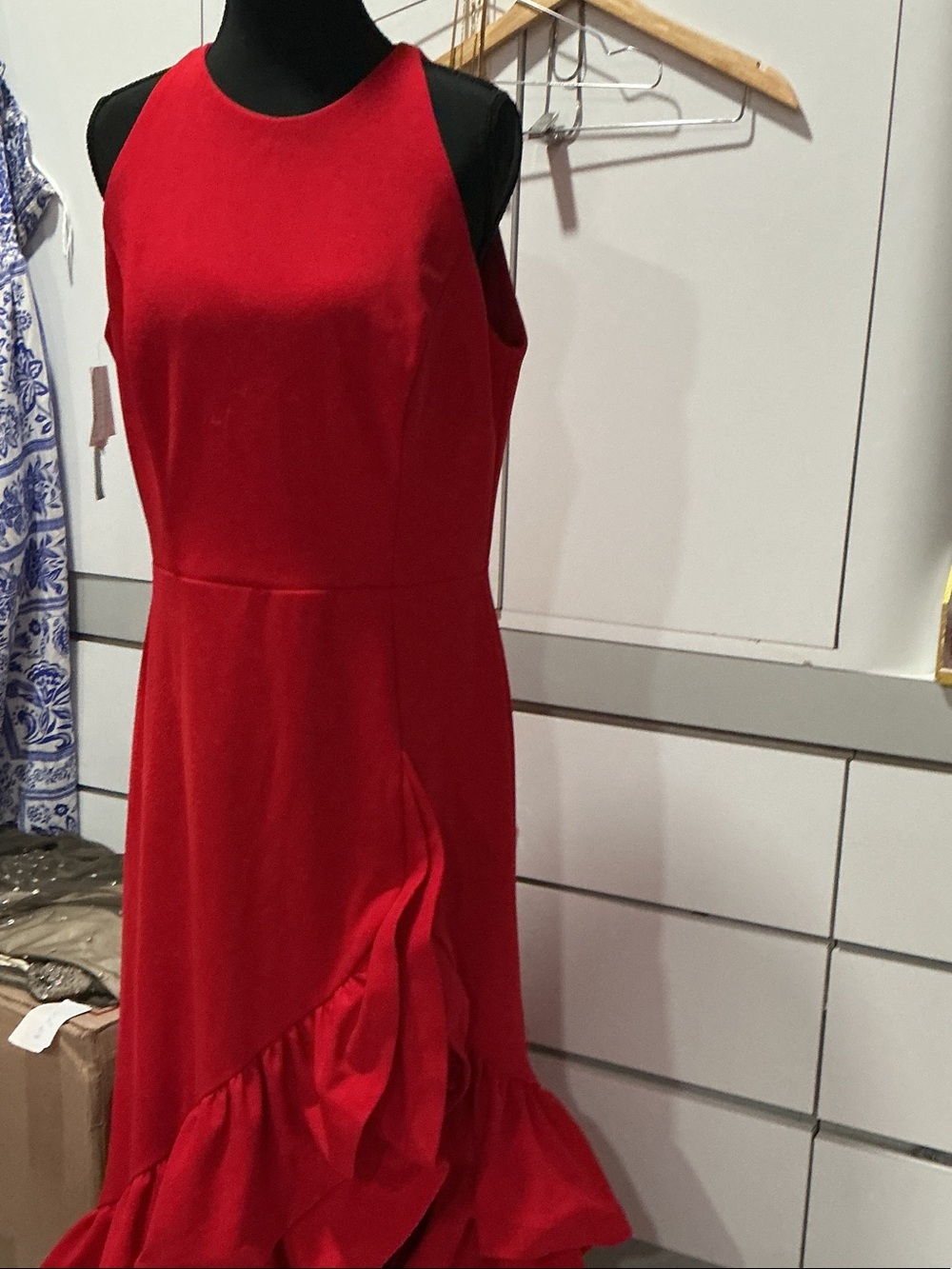 Betsy & Adam Vibrant Red Asymmetrical Ruffle-Hem Dress